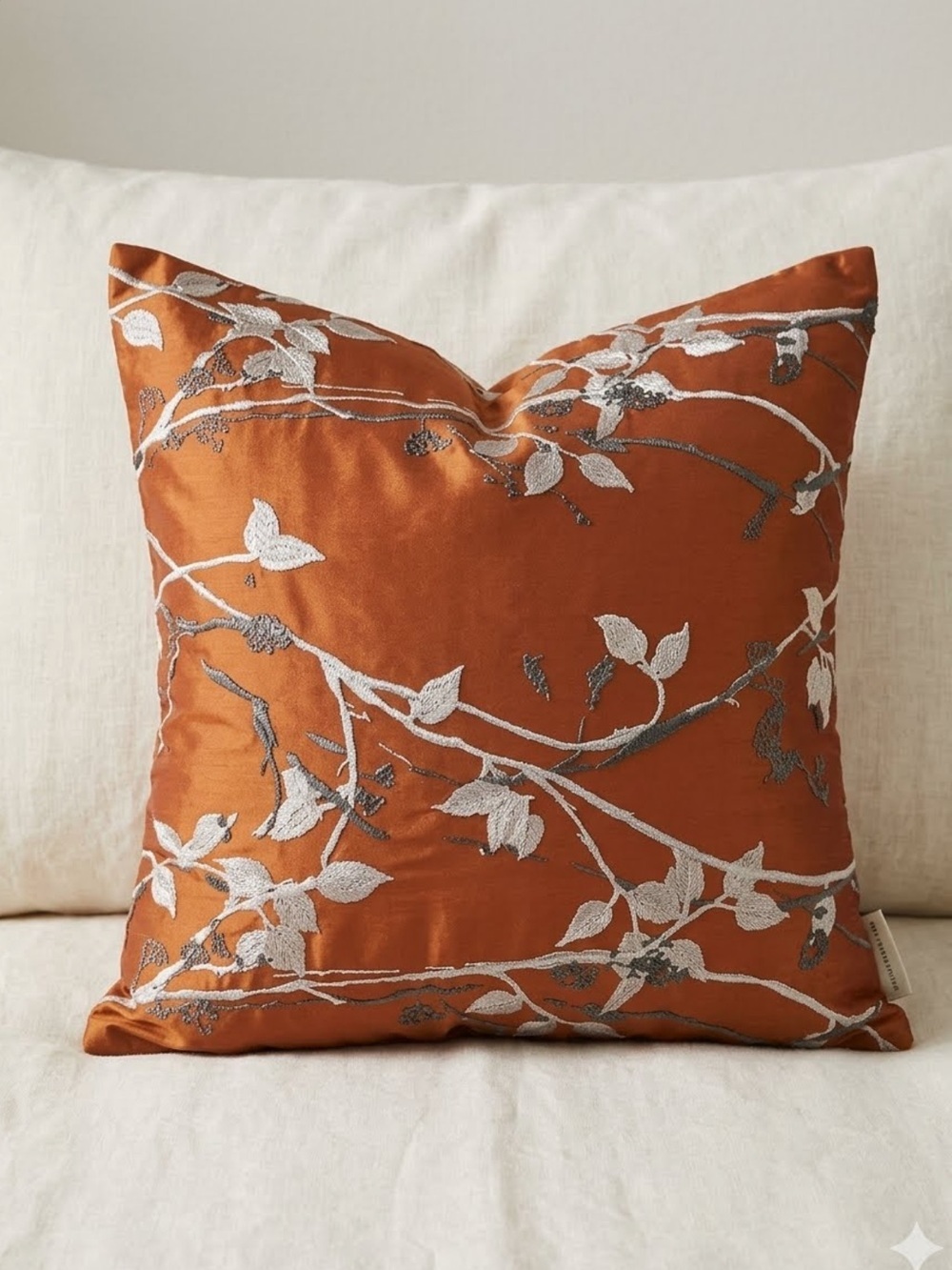 Anthology Burnt Orange Rust Silk Embroidered Botanical Floral Throw Pillow Co